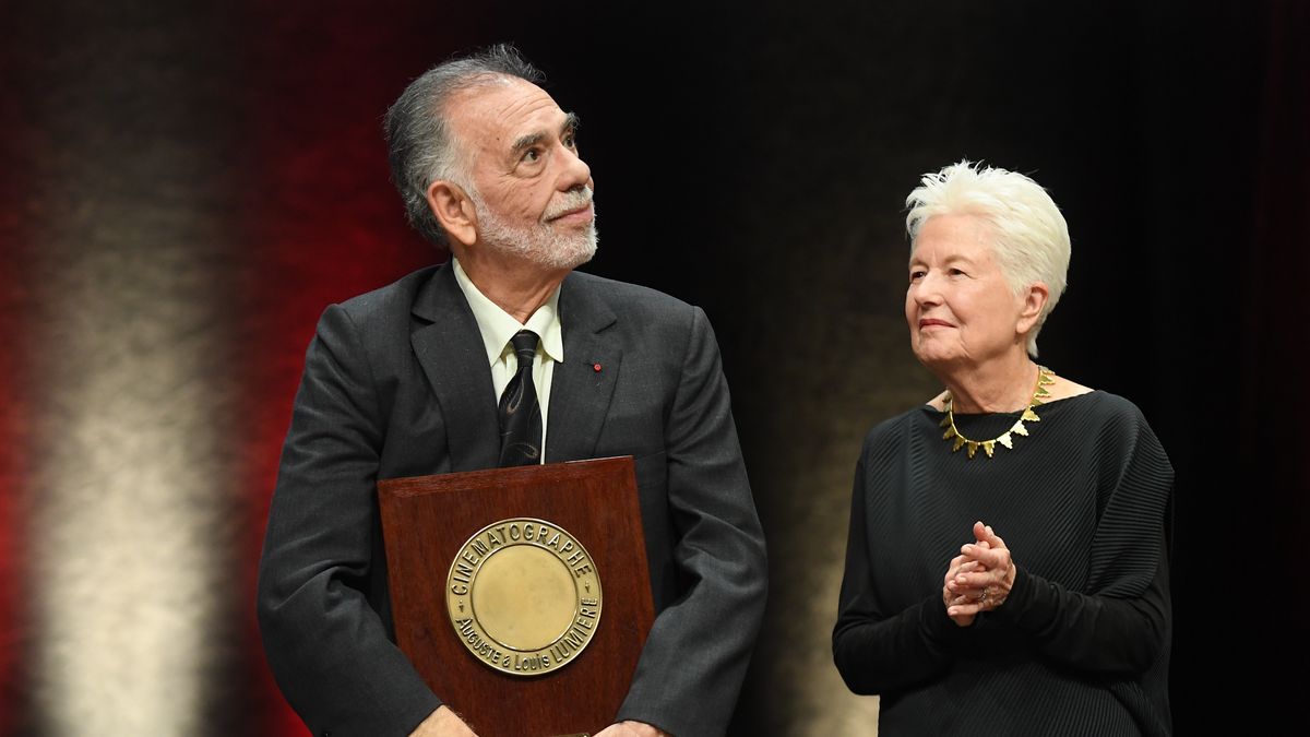 LYON, FRANCE - OCTOBER 18: Francis Ford Coppola reacts on stage after receiving the Lumiere Award next to his wife Eleanor Coppola during the tribute to Francis Ford Coppola during the 11th Film Festival Lumiere on October 18, 2019 in Lyon, France. (Photo by Stephane Cardinale - Corbis/Corbis via Getty Images)