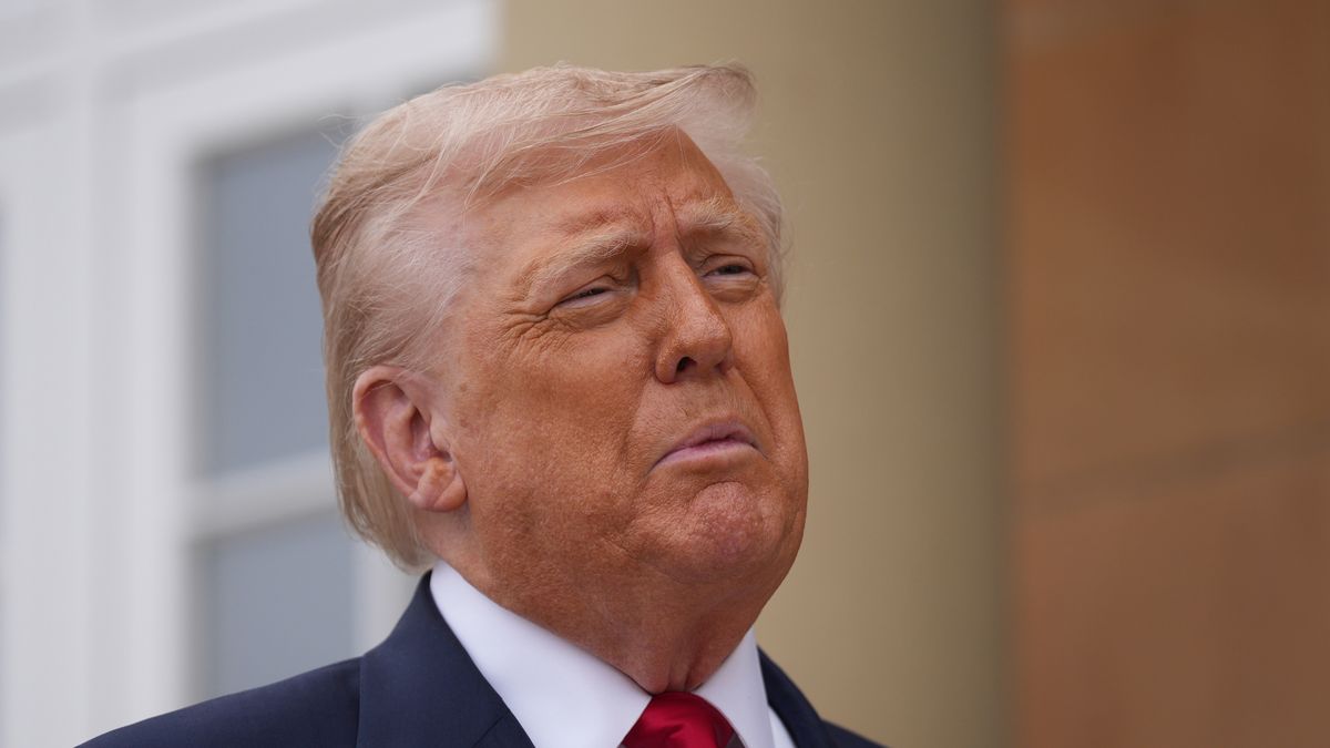 TURNBERRY, SCOTLAND - JULY 28: U.S. President Donald Trump reacts as he meets with British Prime Minister Keir Starmer (not pictured) at Trump Turnberry golf club on July 28, 2025 in Turnberry, Scotland. U.S. President Donald Trump is visiting his Trump Turnberry golf course, as well as Trump International Golf Links in Aberdeenshire, during a brief visit to Scotland from July 25 to 29. (Photo by Christopher Furlong/Getty Images)