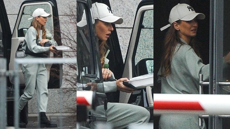 Anna Lewandowska z pudełkiem na lunch wysiada z samochodu kierowanego przez jej szofera