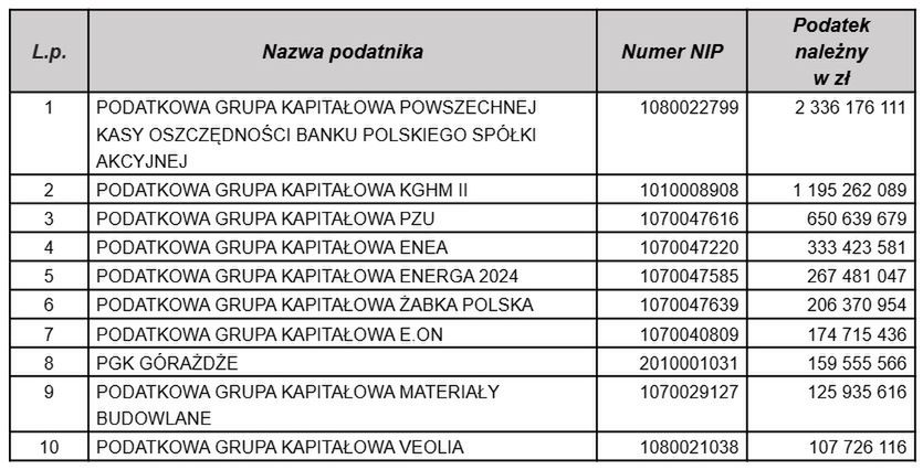 Najwięksi płatnicy w grupie podatkowych grup kapitałowych
