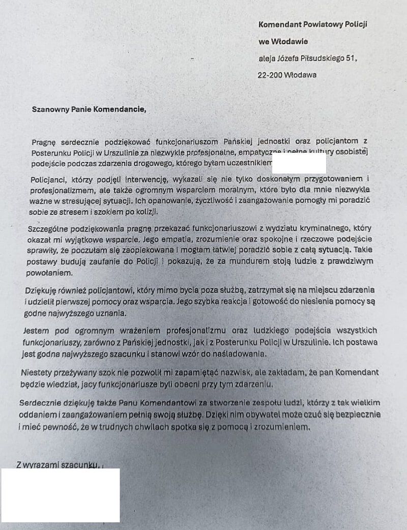 list z podziękowaniami dla policjantów