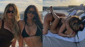 Kim i Khloe Kardashian eksponują szczupłe sylwetki, wijąc się w strojach kąpielowych na leżaku (ZDJĘCIA)
