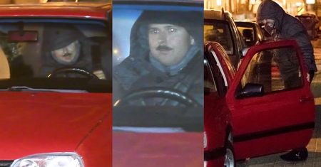 Zapała gramoli się do samochodu z balonami żony