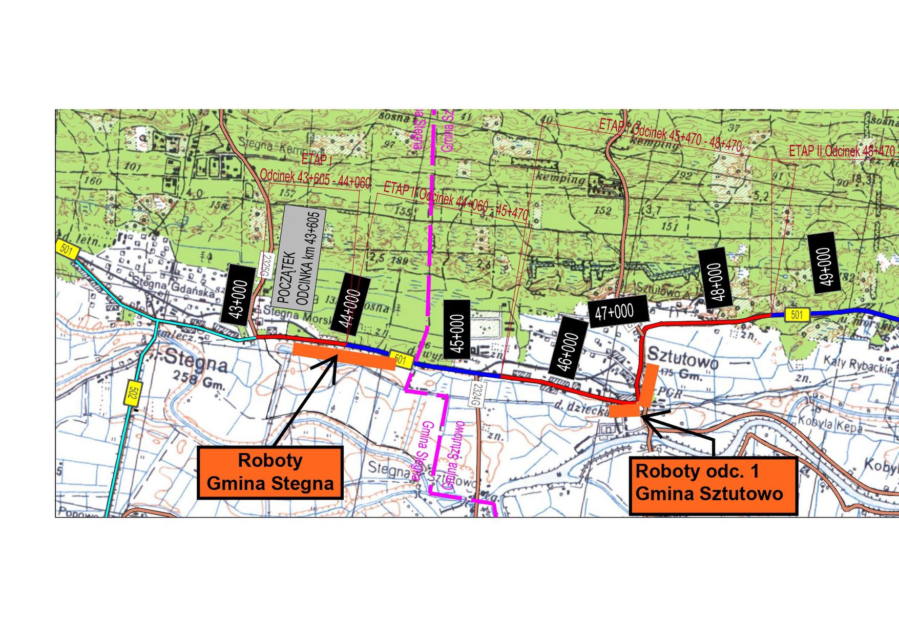 DW 501 z zaznaczonymi odcinkami, na których ruch odbywa się wahadłowo