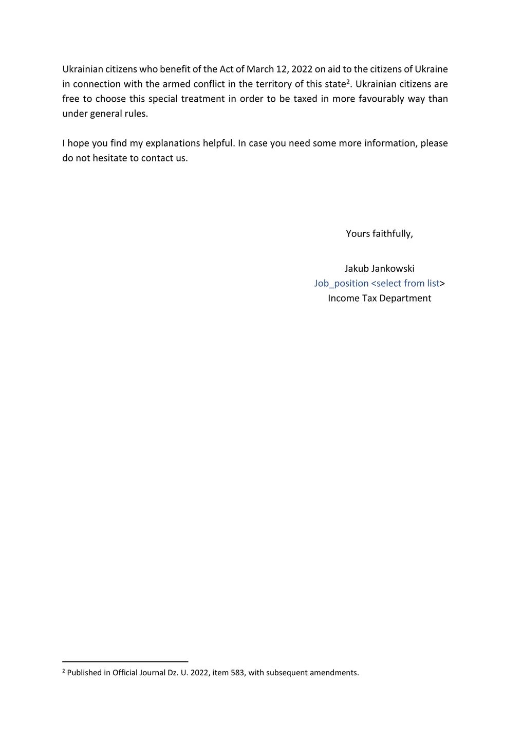 Pismo Ministerstwa Finansów RP do ukraińskich władz podatkowych. 