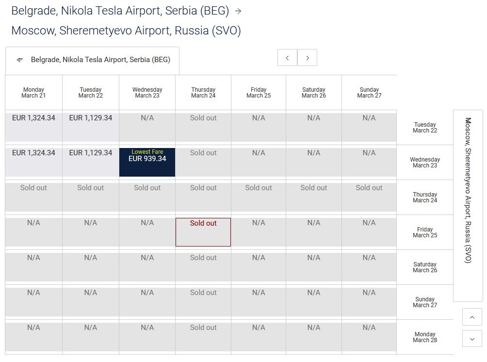 Z systemu rezerwacji Air Serbia wynika, że ostatnie połączenia z Belgradu do Moskwy odbędą się 24 marca br.