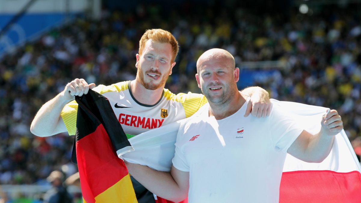 WP SportoweFakty / Łukasz Trzeszczkowski / Christoph Harting i Piotr Małachowski po zakończeniu konkursu rzutu dyskiem