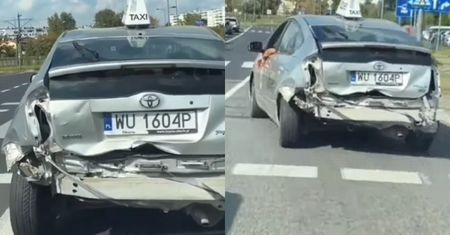 Zdezelowana taksówka z Warszawy. "Drifter ze skrętną osią"