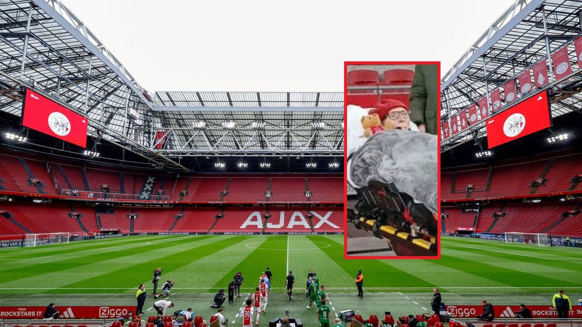 Getty Images / Roy Lazet/Soccrates/Getty Images/Twitter / Kadr z wtorkowego meczu Ajaxu, na małym zdjęciu kibic tej drużyny, Peter