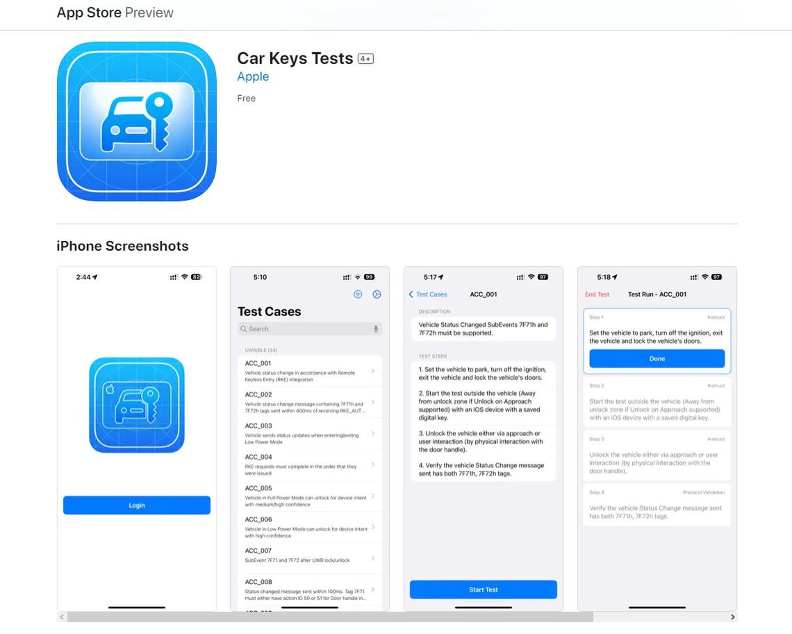 Aplikacja Apple Car Key Tests w App Store