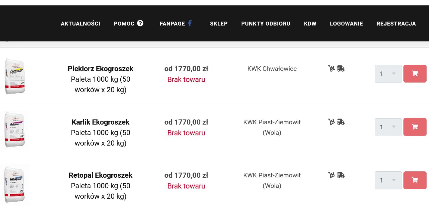Brak towaru sklepie internetowym PGG