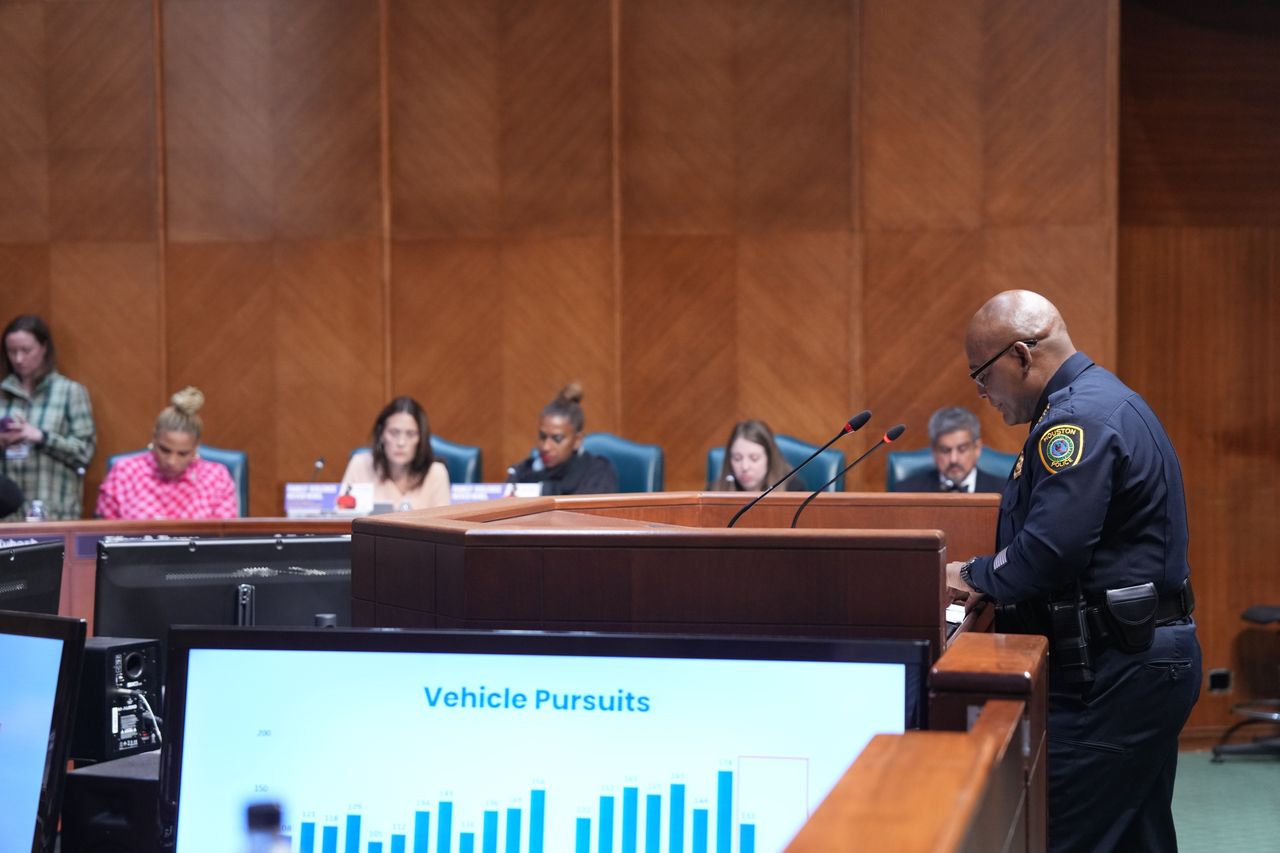HOUSTON, TEXAS - OCTOBER 18: Houston Police Dept. Chief Troy Finner addresses the Houston City Council on the latest HPD statistics on Wednesday, Oct. 18, 2023 in Houston. (Elizabeth Conley/Houston Chronicle via Getty Images)