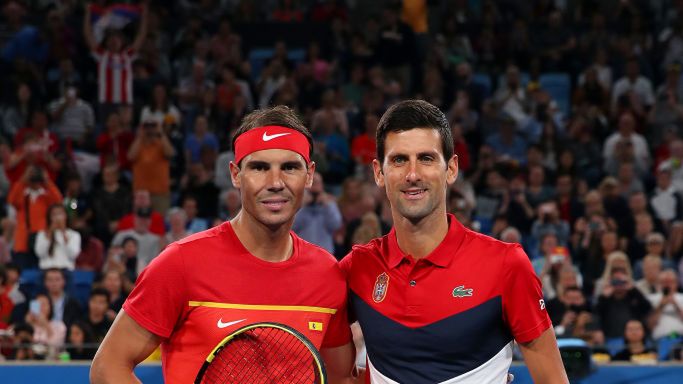 Rafael Nadal i Novak Djoković podczas ATP Cup 2020