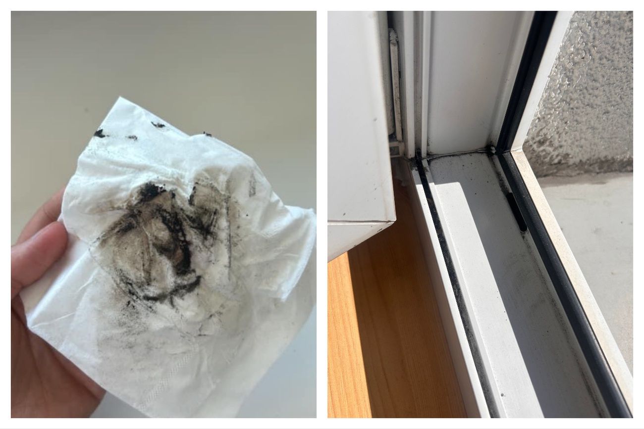 Po prawej: ślady pyłu po przetarciu parapetu, po lewej: balkon