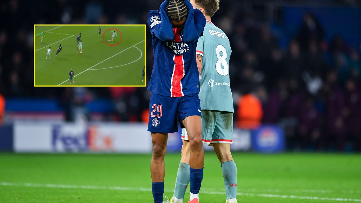 Getty Images / Franco Arland/ X / Canal Plus Sport / Na zdjęciu: Bradley Barcola, w ramce sytuacja bramkowa Atletico Madryt.