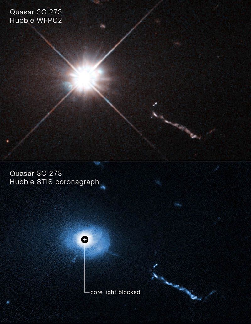 Located 2.5 billion light years away, 3C 273 is the first quasar (quasi-stellar object) discovered in 1963.