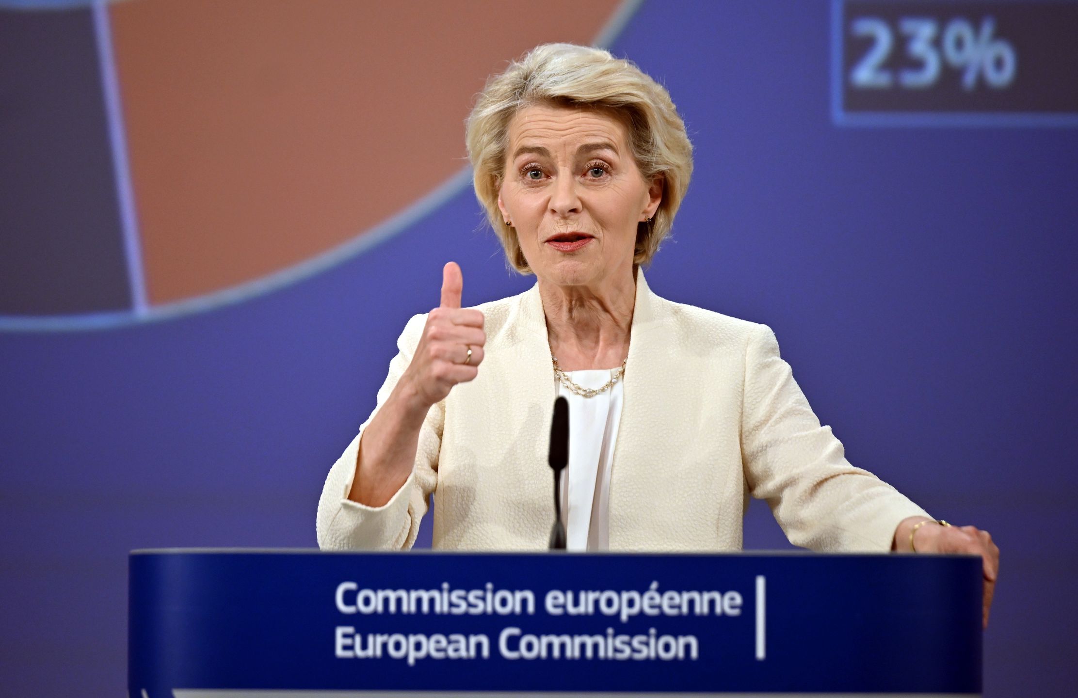 BRUSSELS, BELGIUM - JULY 16: European Commission President Ursula von der Leyen holds a press conference on the 2028-2034 budget in Brussels, Belgium on July 16, 2025. (Photo by Dursun Aydemir/Anadolu via Getty Images)