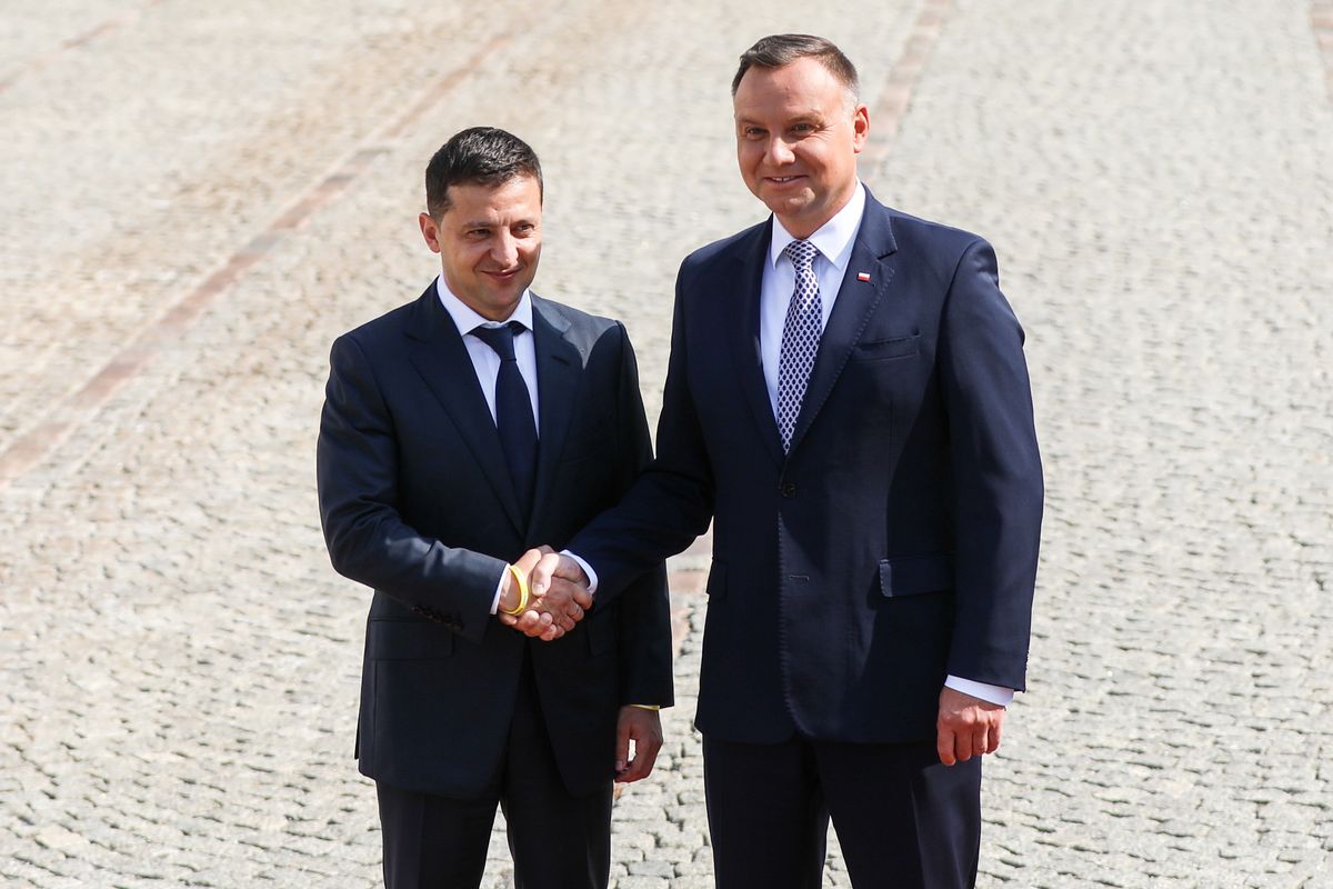Ukrainian President Volodymyr Zelensky shake hand with Polish President Andrzej Duda in front of the Presidential Palace on August 31, 2019 in Warsaw, Poland. Zelensky arrived to Warsaw for the 80th anniversary of the outbreak of World War II on 1st September 1939. (Photo by Beata Zawrzel/NurPhoto via Getty Images)