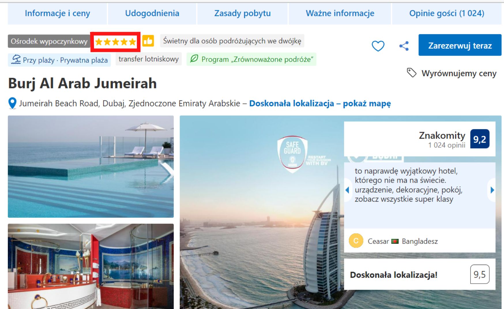 Oferta hotelu Burj Al Arab na Booking.com, gdzie widać, że ma 5 gwiazdek