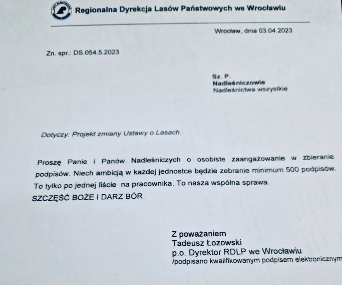 Pismo p.o. dyrektora RDLP we Wrocławiu Tadeusza Łozowskiego do nadleśnictw na terenie Dolnego Śląska 