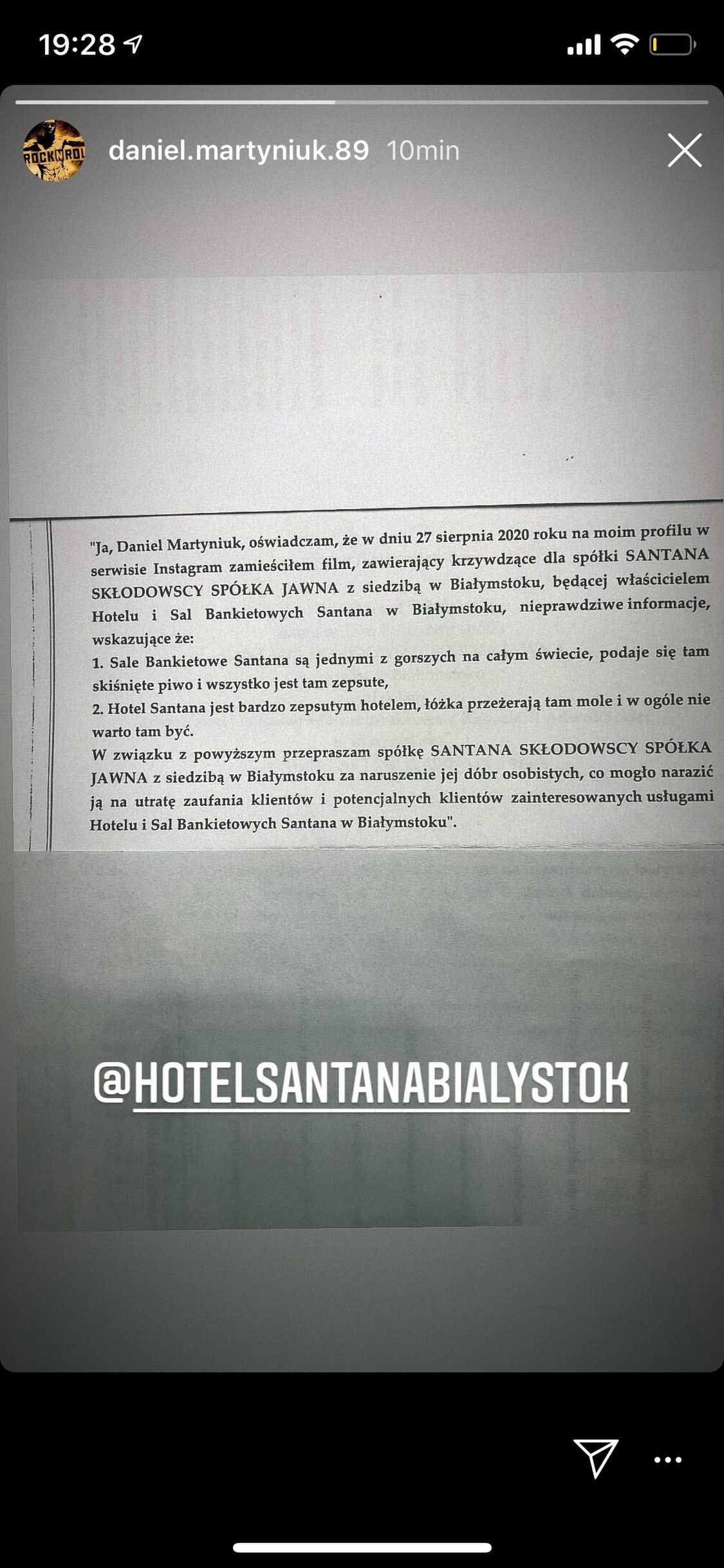 Daniel Martyniuk przeprasza właścicieli hotelu