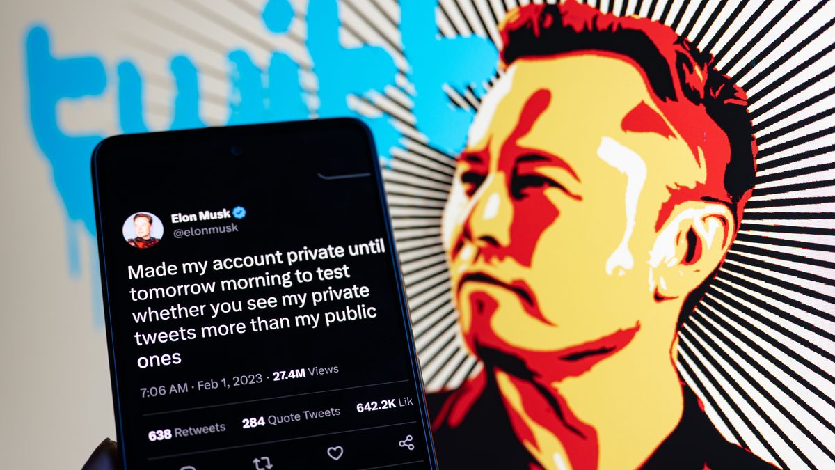 Elon Musk Twitter account private page seen on Mobile with Elon Musk in the background on screen. On 2 February 2023 in Brussels, Belgium.  (Photo Illustration by Jonathan Raa/NurPhoto via Getty Images)