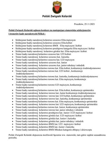 Długa lista wolnych etatów... Tak wygląda pismo o ogłoszeniu konkursu na stanowiska szkoleniowe w PZKol. Fot. pzkol.pl.