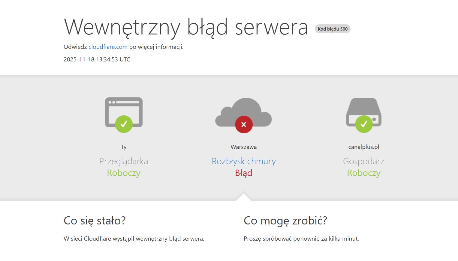 Komunikat o błędzie w serwisie Canal+