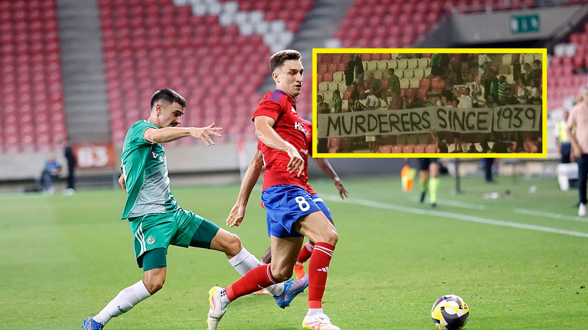 PAP / Waldemar Deska / Na zdjęciu: piłkarze Maccabi Hajfa i Rakowa Częstochowa, w ramce transparent