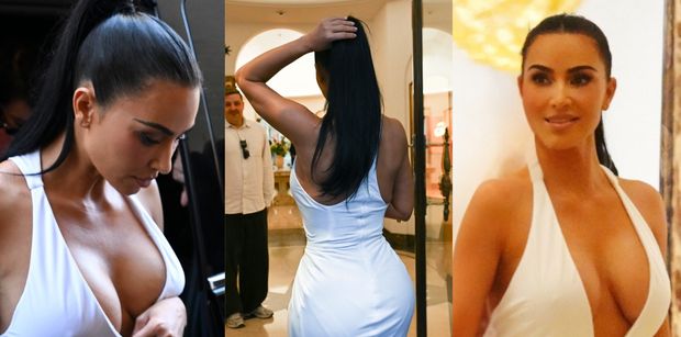 Kim Kardashian i jej ogromny dekolt WALCZĄ Z GRAWITACJĄ na shoppingu w Rzymie (ZDJĘCIA)
