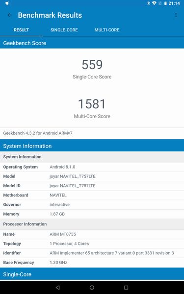 NAVITEL T757 i wyniki z Geekbench 4.3.2.