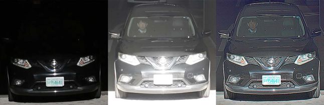 Od lewej: ekspozycja na otoczenie, ekspozycja na kierowcę, obraz HDR z widocznymi tablicami rejestracyjnymi i kierowcą.