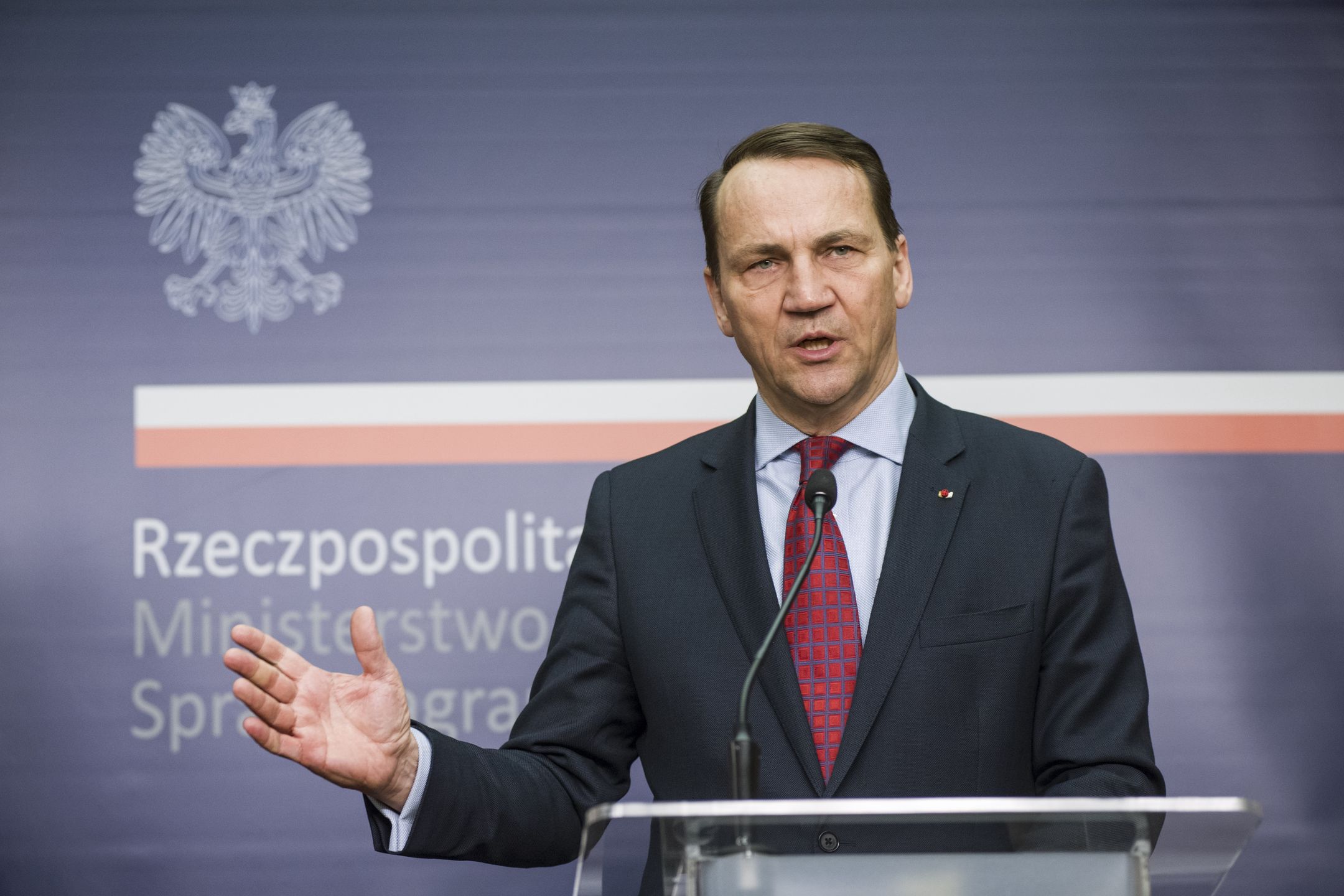 WARSAW, MASOVIAN VOIVODESHIP, POLAND - 2024/02/15: Polish Foreign Minister Radoslaw Sikorski speaks during a press conference with the British Foreign Secretary in Warsaw. The British Foreign Secretary David Cameron visited Poland and met with Radoslaw Sikorski - Polish Foreign Affairs Minister. The foreign ministers talked about strong support and how to strengthen Ukraine in the war as it fights off Russian President Vladimir Putin's aggression. (Photo by Attila Husejnow/SOPA Images/LightRocket via Getty Images)