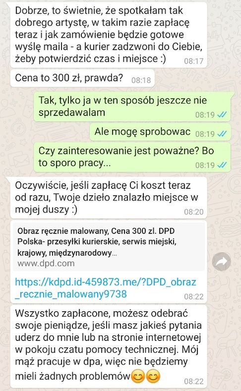 Przykład oszustwa "na OLX" z wykorzystaniem WhatsAppa