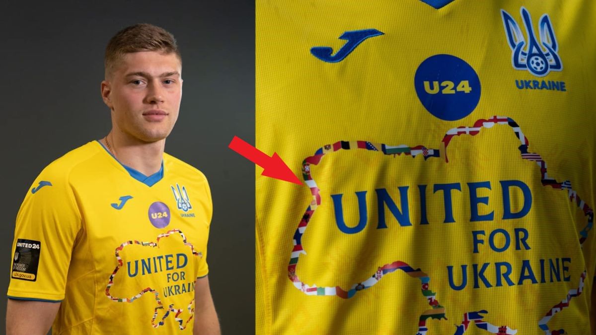 okolicznościowa koszulka reprezentacji Ukrainy na mecze towarzyskie; przy czerwonej strzałce flaga Polski