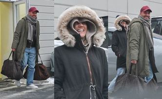 Zziębnięta Agnieszka Kaczorowska drepcze do auta z targającym toboły Rogacewiczem (ZDJĘCIA)