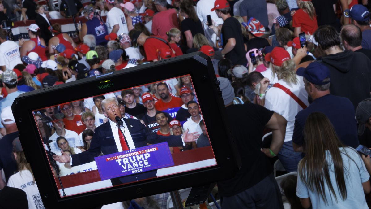 ST. CLOUD, MN, JULY 27: 

Republican presidential nominee Donald Trump speaks on stage during a campaign rally inside the Herb Brooks National Hockey Center at St. Cloud State University in St. Cloud, Minnesota, on July 27, 2024. (Photo by Tom Brenner for The Washington Post via Getty Images)