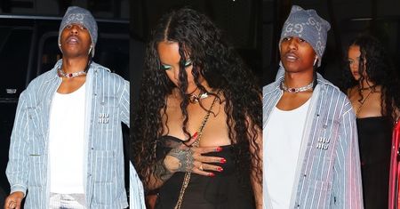 Rihanna w prześwitującej sukience walczy z niesfornym dekoltem na randce z ASAP Rockym (ZDJĘCIA)