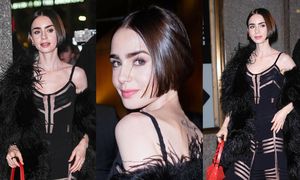 Lily Collins uzbrojona w czerwoną torebkę Fendi mknie na nagranie w sukience z prześwitami (ZDJĘCIA)