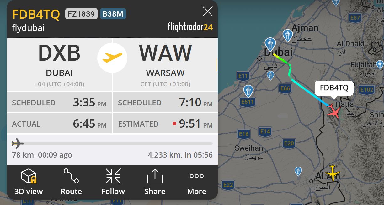 Samolot wyleciał z Dubaju o godz. 15:45 czasu polskiego