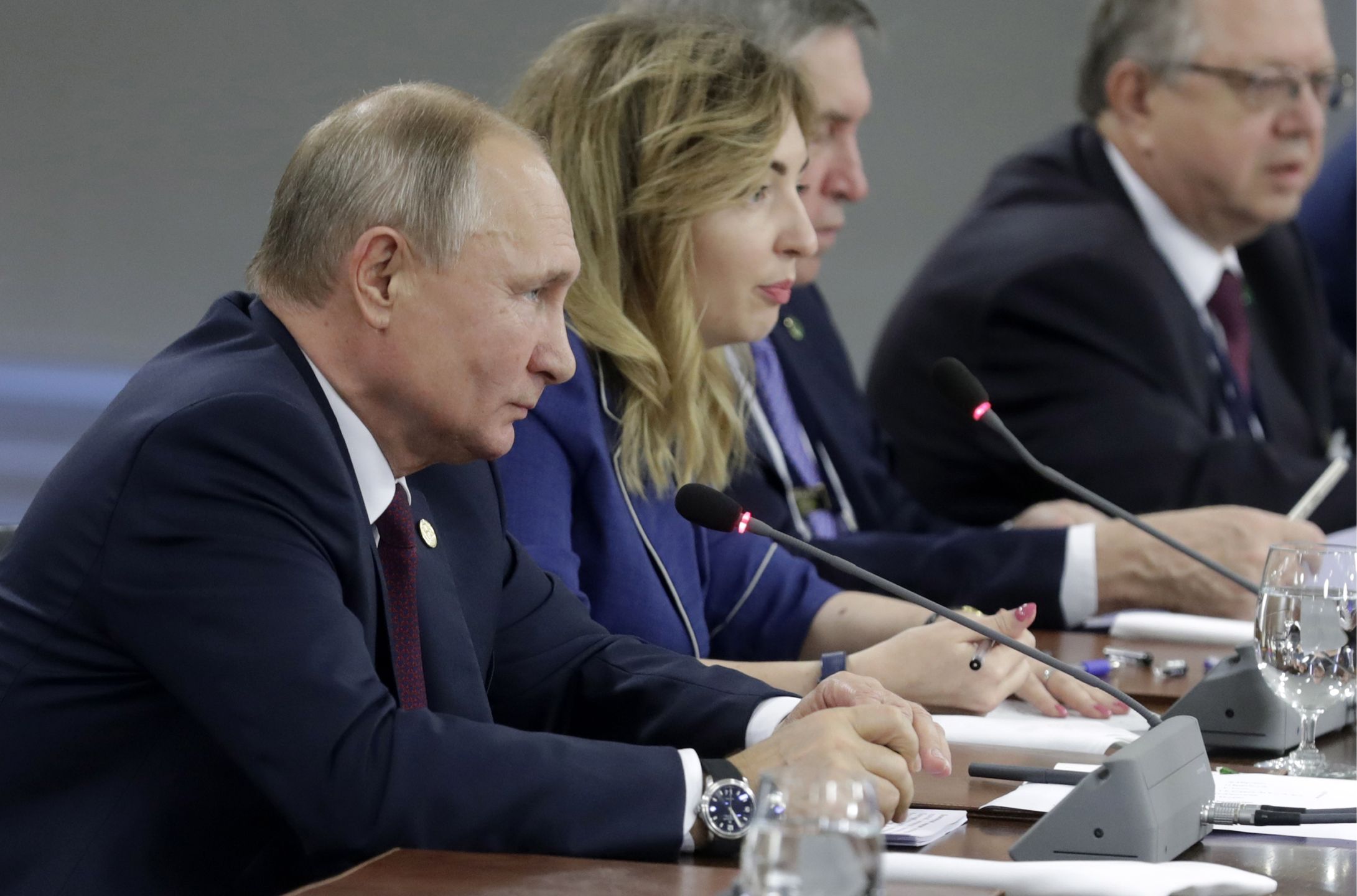 BRASILIA, BRAZIL - NOVEMBER 14, 2019: Russia's President Vladimir Putin (L) during a meeting with Brazil's President Jair Bolsonaro at the Planalto Palace. Mikhail Metzel/TASS (Photo by Mikhail Metzel\TASS via Getty Images)