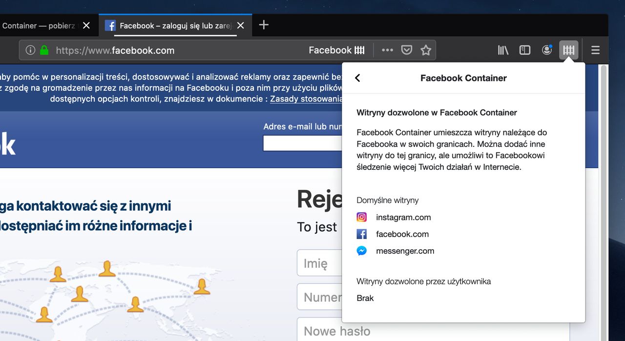 Lista adresów dozwolonych przez Facebook Container