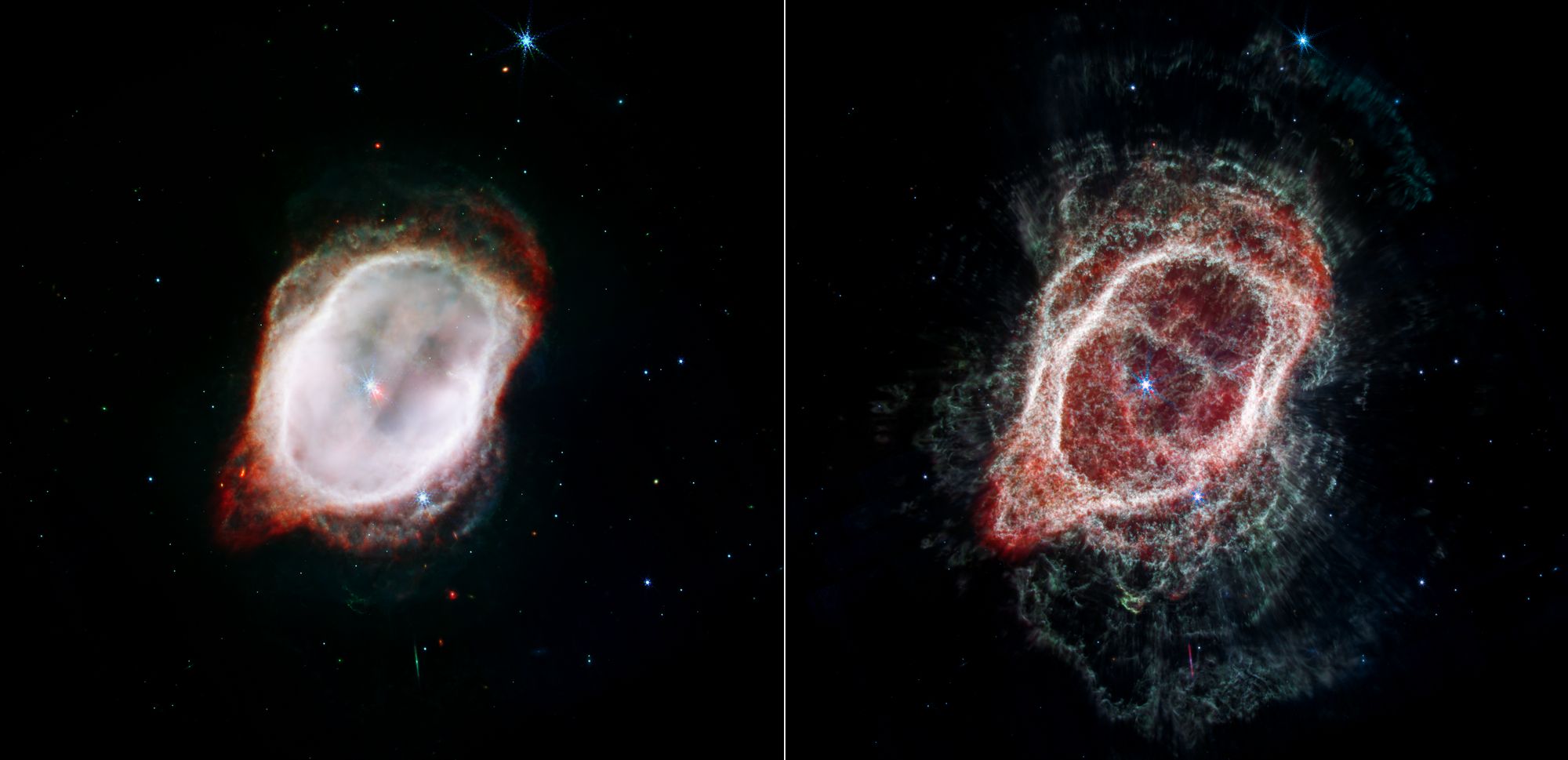 Mgławica NGC 3132. Po lewej stronie zdjęcie z teleskopu Hubble'a, po prawej z JWST.
