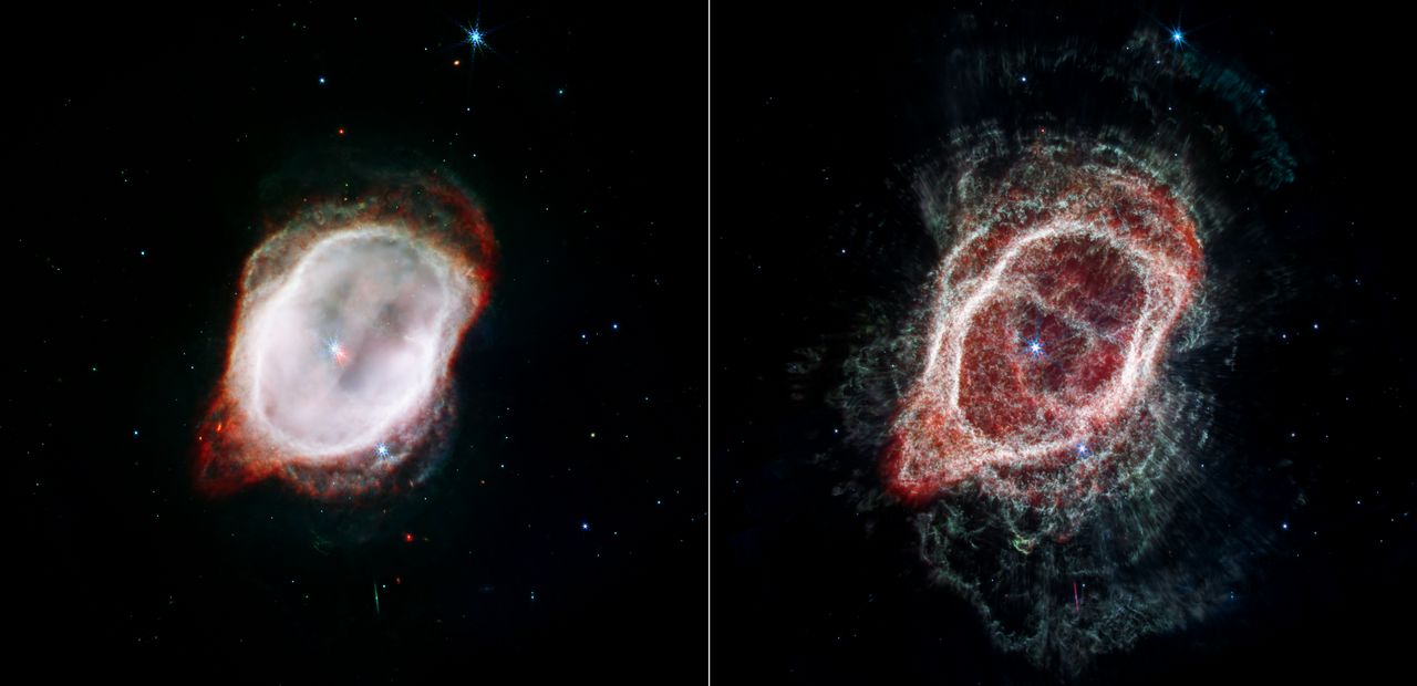 Mgławica NGC 3132. Po lewej stronie zdjęcie z teleskopu Hubble'a, po prawej z JWST.
