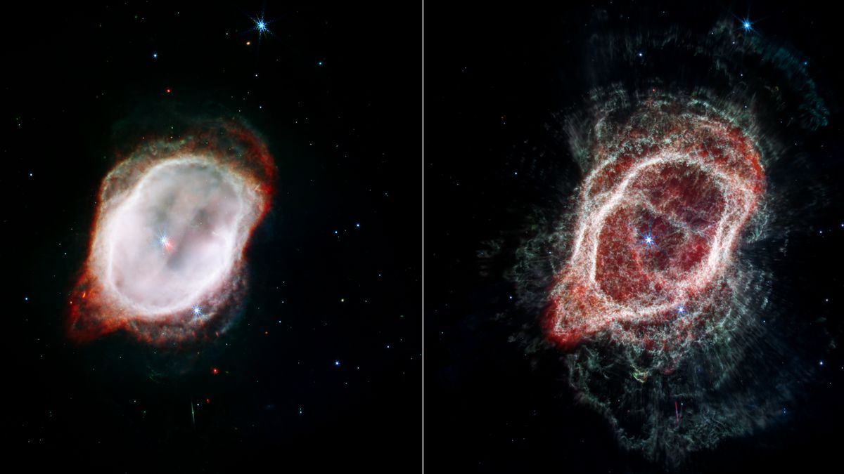 Mgławica NGC 3132. Po lewej stronie zdjęcie z teleskopu Hubble'a, po prawej z JWST.