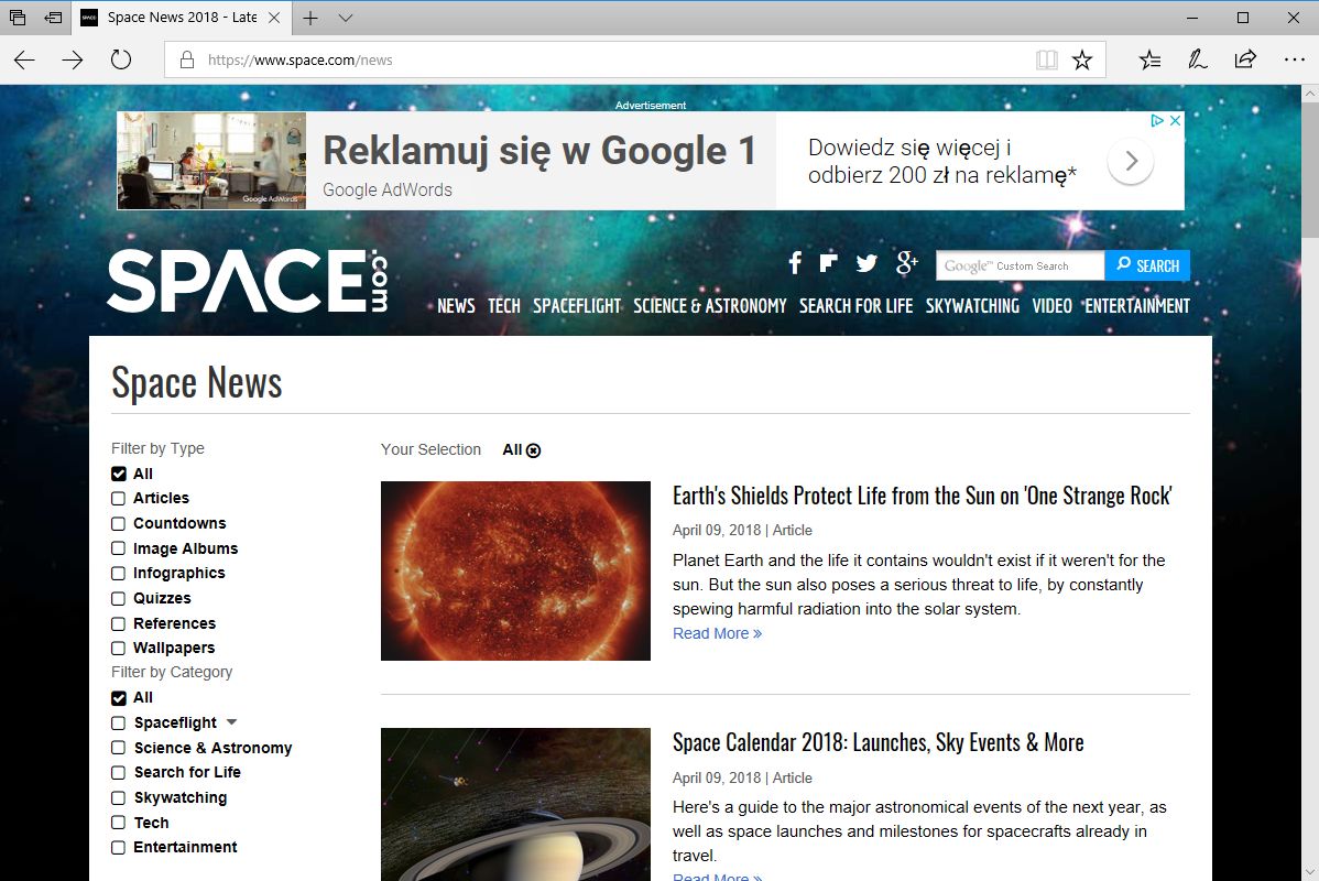 Space.com w przeglądarce Edge.