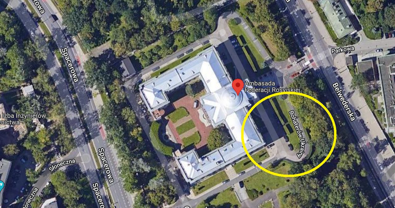 Ulica przy rosyjskiej ambasadzie w Warszawie zyskała nazwę "Bohaterów Ukrainy" w Google Maps