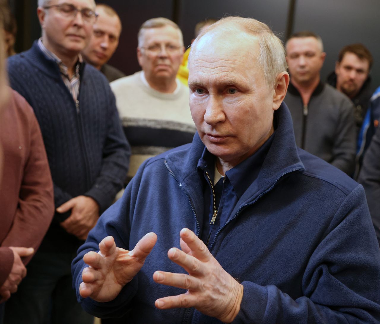 KAZAN, RUSSIA - FEBRUARY 22 (RUSSIA OUT) Russian President Vladimir Putin (C) gestures during his meeting with drivers and road industry representatives at a gas station February 22, 2024 in Kazan, Russia. Putin is on a two-day trip to Kazan ahead of the presidential elections planned for March (Photo by Contributor/Getty Images)