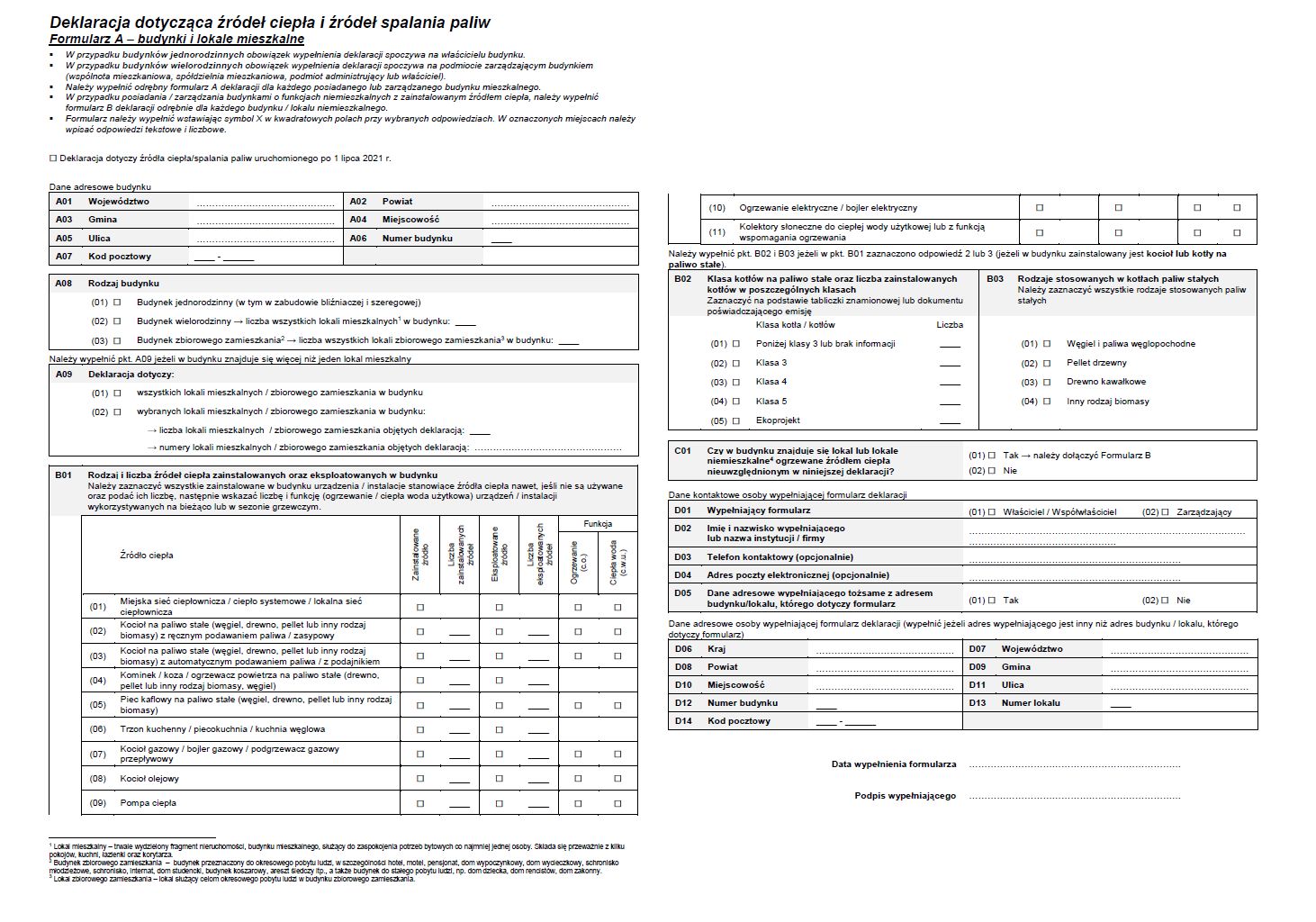 Wzór deklaracji o źródłach ciepła i spalania paliw