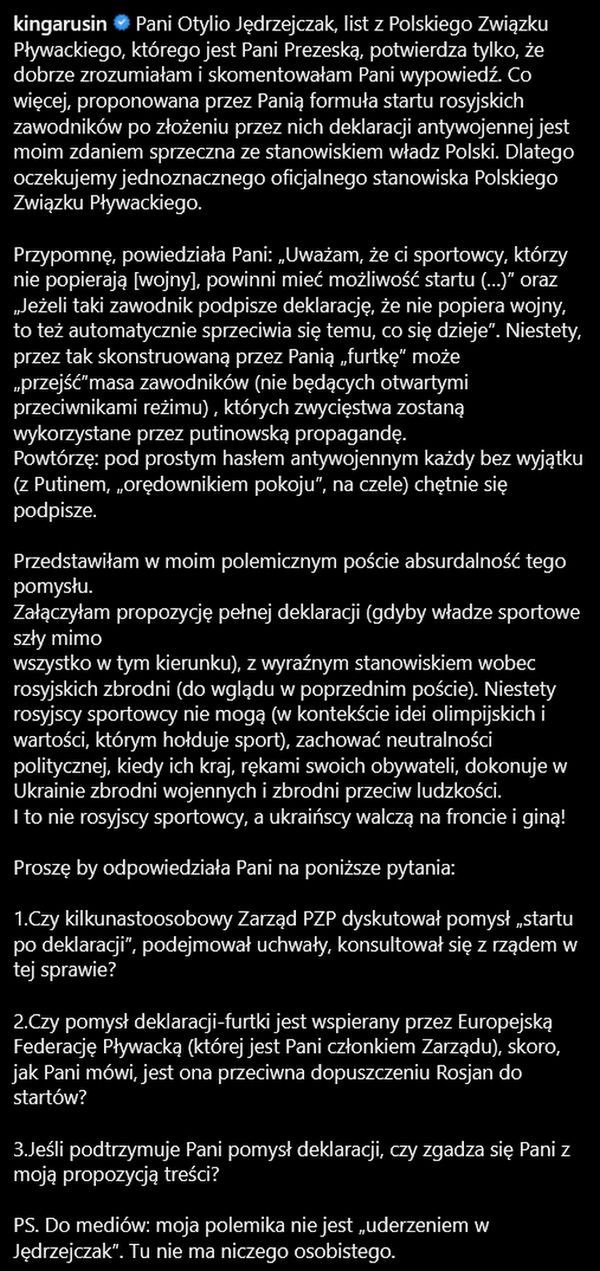 Kinga Rusin pisze do Otylii Jędrzejczak